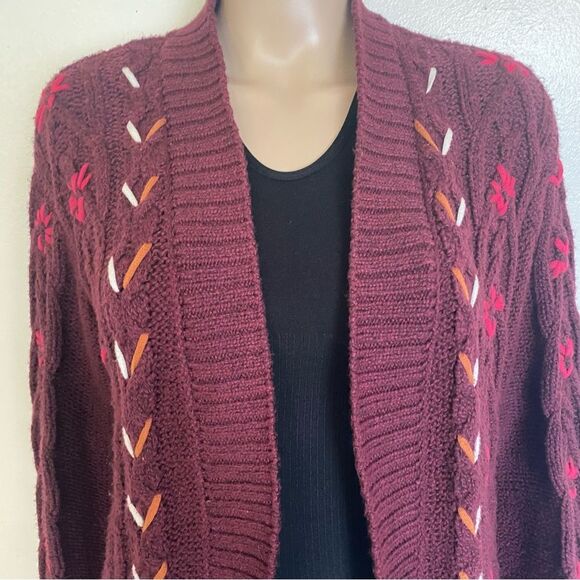 Shyanne Maroon Long Sleeve Cotton Blend Embroidered Open Knit Cardigan Size M - Picture 5 of 10